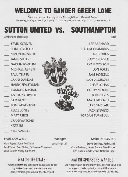 Sutton United v Southampton  09-Aug-2012