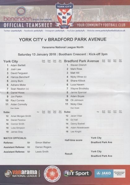 York City v Bradford Park Avenue 13-Jan-2018