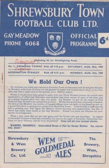 Shrewsbury Town Reserves v Swindon Town Reserves 29-Aug-1959