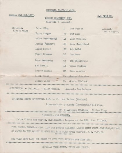Millwall v Arsenal 02-Oct-1967