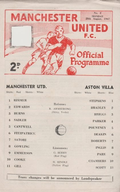 Manchester United Reserves v Aston Villa Reserves 28-Aug-1967