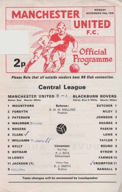 Manchester United Reserves v Blackburn Rovers Reserves 15-Nov-1976