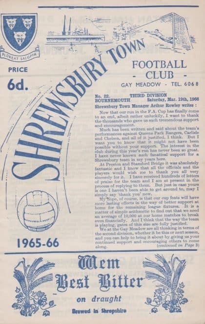 Shrewsbury Town v Bournemouth & Boscombe Athletic 19-Mar-1966