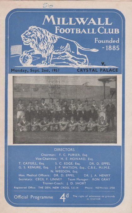 Millwall v Crystal Palace  02-Sep-1957