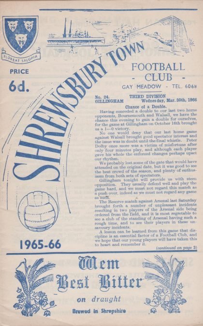Shrewsbury Town v Gillingham 30-Mar-1966