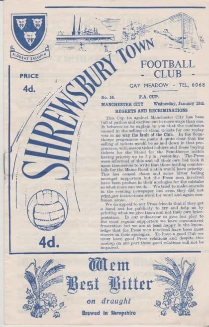 Shrewsbury Town v Manchester City  13-Jan-1965