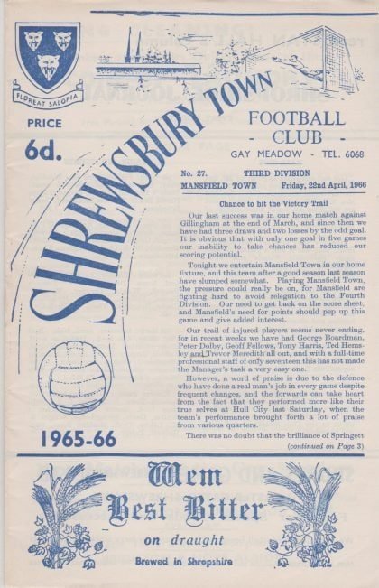 Shrewsbury Town v Mansfield Town 22-Apr-1966