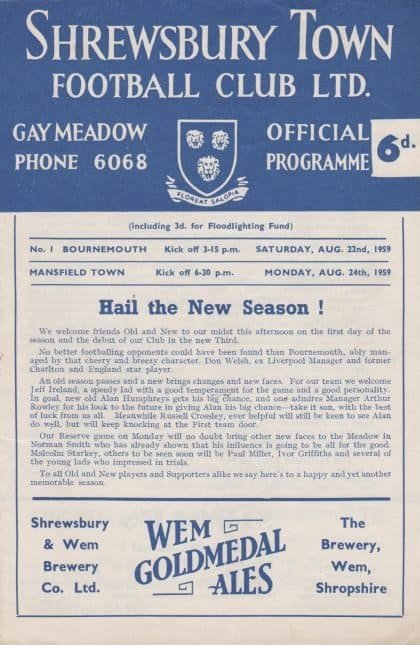 Shrewsbury Town Reserves v Mansfield Town Reserves 24-Aug-1959