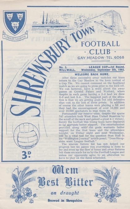 Shrewsbury Town v Millwall 05-Sep-1962