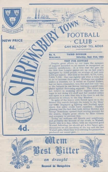 Shrewsbury Town v Walsall  21-Sep-1963