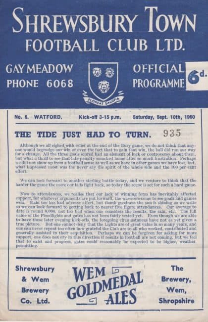 Shrewsbury Town v Watford  10-Sep-1960