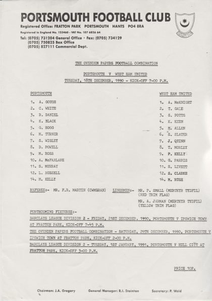 Portsmouth Reserves v West Ham United Reserves 18-Dec-1990