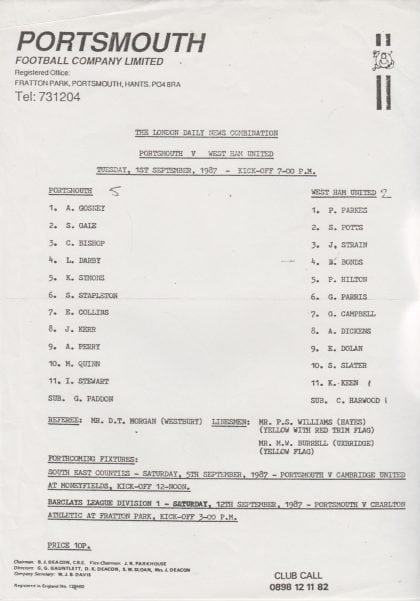 Portsmouth Reserves v West Ham United Reserves 01-Sep-1987