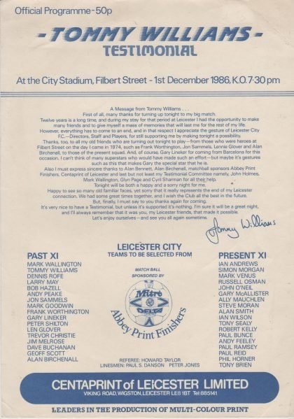 Leicester City Past XI v Leicester City Present XI    01-Dec-1986