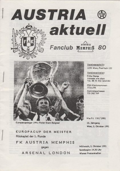 Austria Memphis v Arsenal  02-Oct-1991