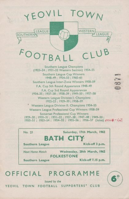 Yeovil Town v Bath City 17-Mar-1962