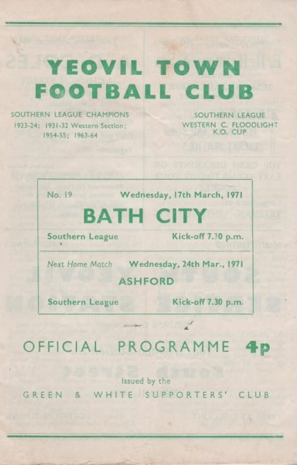Yeovil Town v Bath City  17-Mar-1971