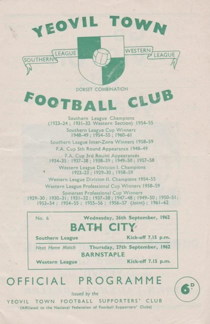 Yeovil Town v Bath City 26-Sep-1962