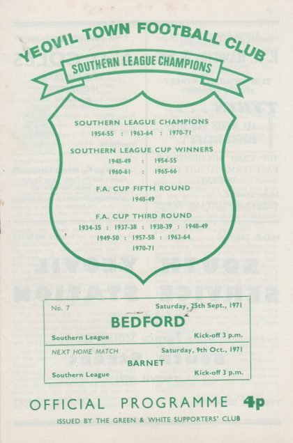 Yeovil Town v Bedford Town 25-Sep-1971