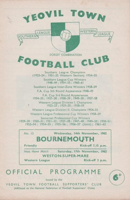 Yeovil Town v Bournemouth & Boscombe Athletic  14-Nov-1962