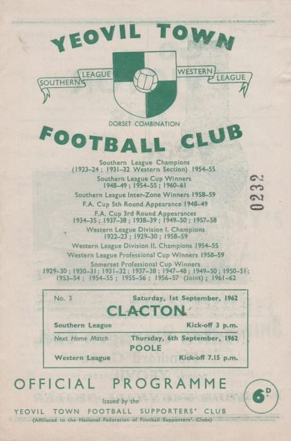 Yeovil Town v Clacton 01-Sep-1962