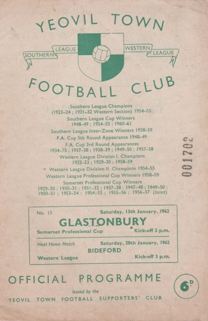 Yeovil Town v Glastonbury  13-Jan-1962