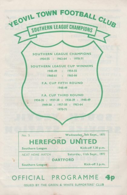 Yeovil Town v Hereford United  08-Sep-1971
