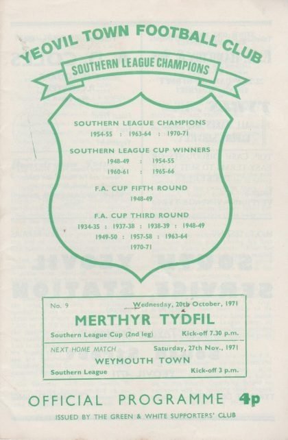 Yeovil Town v Merthyr Tydfil  20-Oct-1971