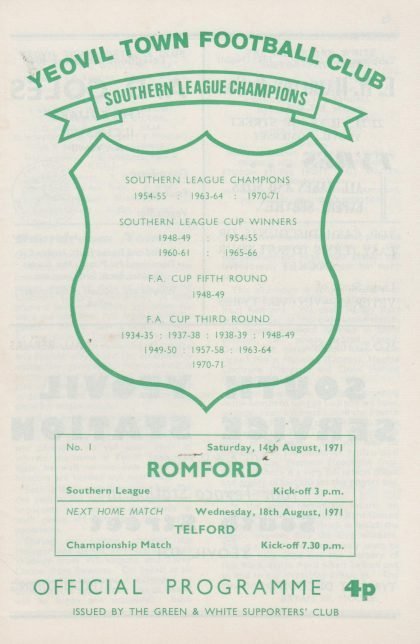 Yeovil Town v Romford 14-Aug-1971