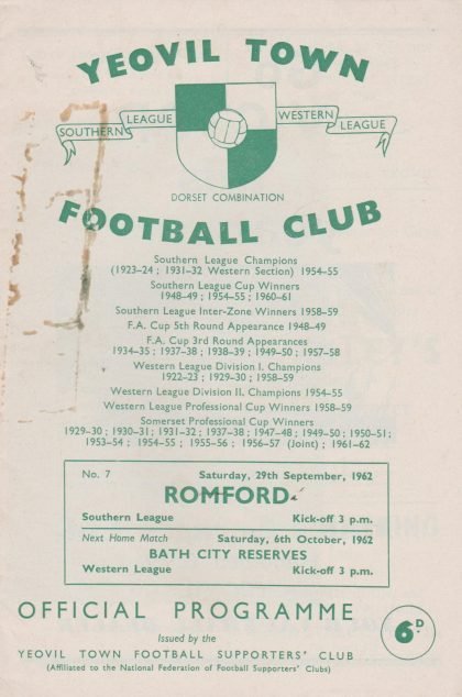 Yeovil Town v Romford 29-Sep-1962