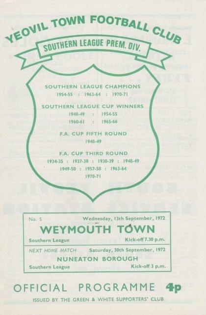 Yeovil Town v Weymouth  13-Sep-1972