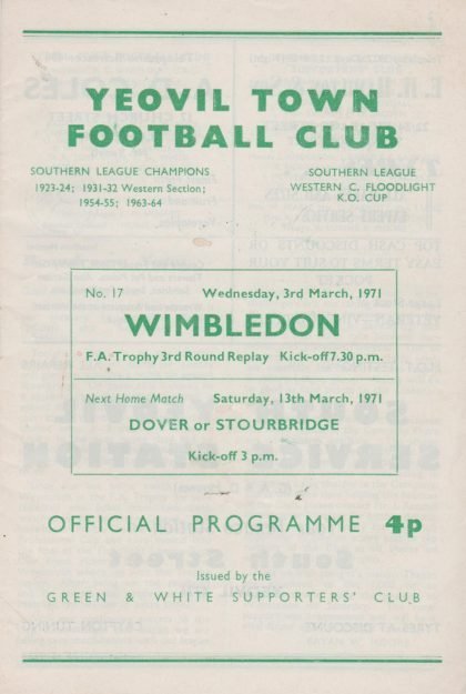 Yeovil Town v Wimbledon 03-Mar-1971