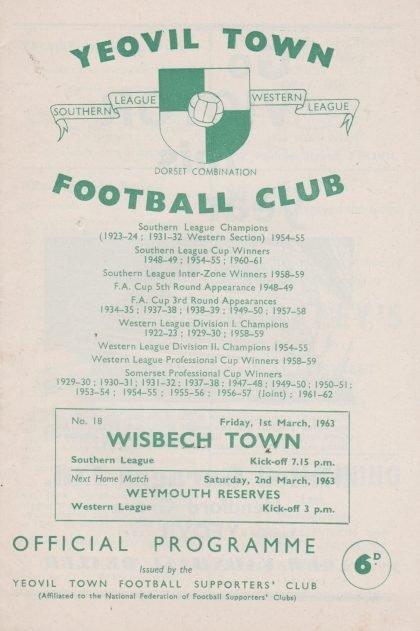 Yeovil Town v Wisbech Town 01-Mar-1963