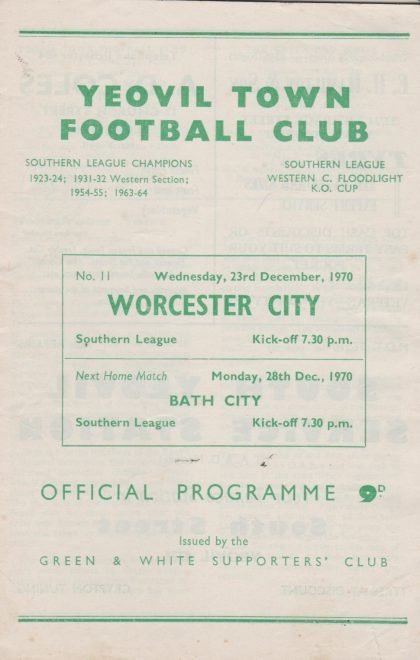 Yeovil Town v Worcester City  23-Sep-1970