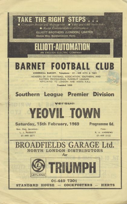 Barnet v Yeovil Town 15-Feb-1969