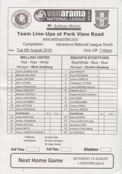 Welling United v Bishop's Stortford  09-Aug-2016