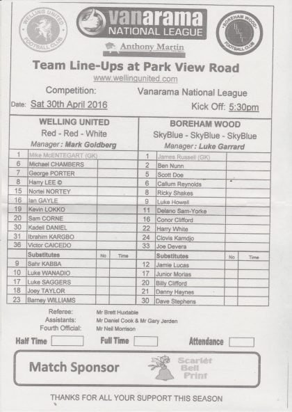 Welling United v Boreham Wood  30-Apr-2016