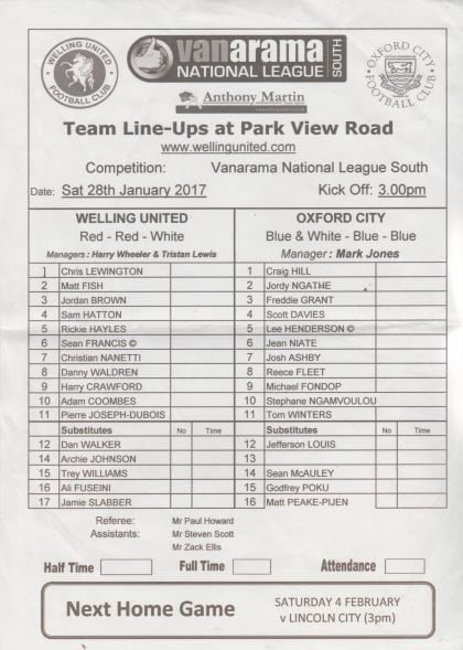 Welling United v Oxford City 28-Jan-2017