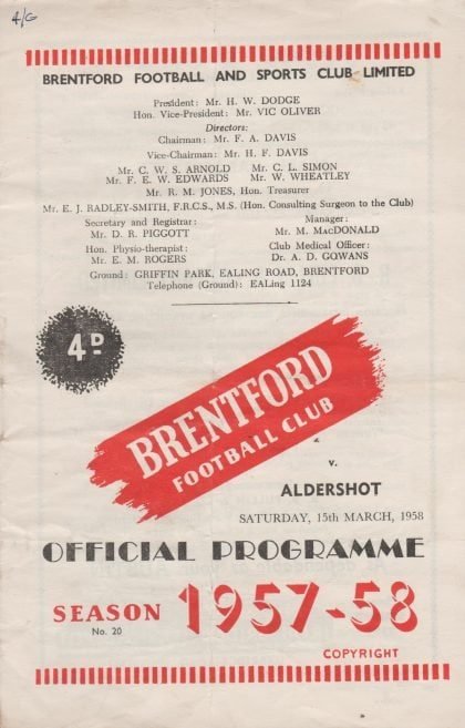 Brentford v Aldershot 28-Apr-1958