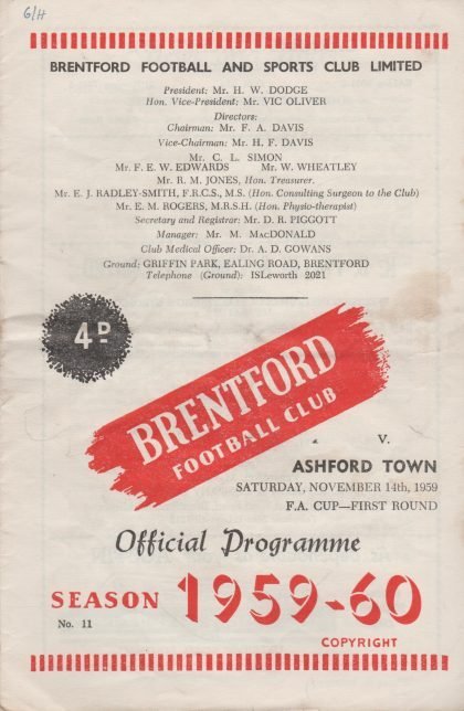 Brentford v Ashford Town  14-Nov-1959
