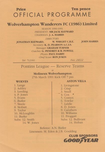 Wolverhampton Wanderers Reserves v Aston Villa Reserves  27-Mar-1991