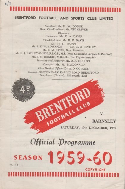 Brentford v Barnsley 19-Dec-1959
