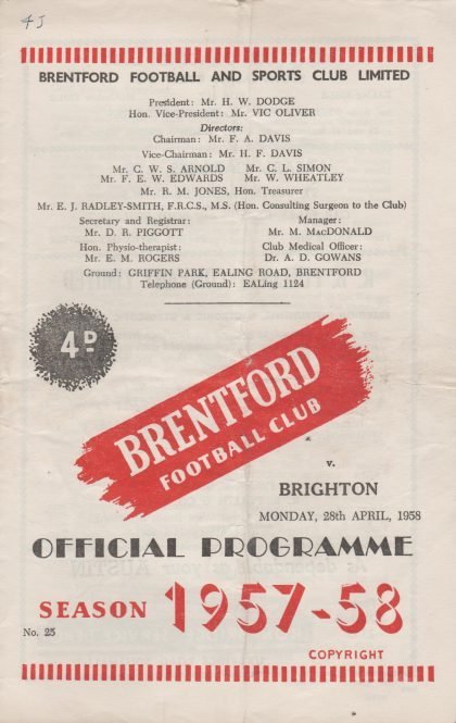 Brentford v Brighton & Hove Albion 28-Apr-1958