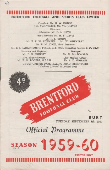 Brentford v Bury 08-Sep-1959