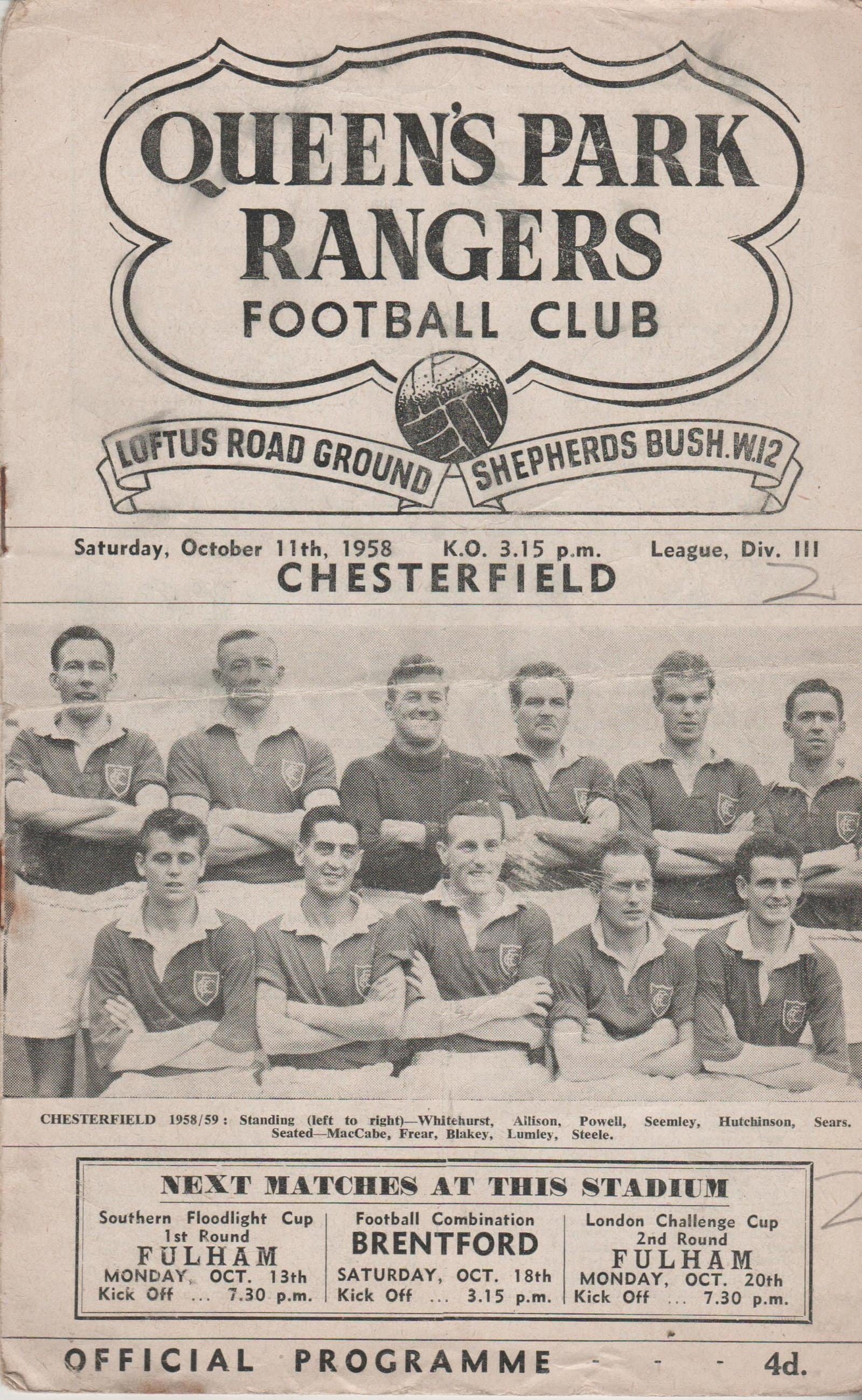 Queens Park Rangers v Chesterfield 11-Oct-1958