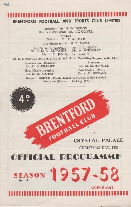Brentford v Crystal Palace 25-Dec-1957