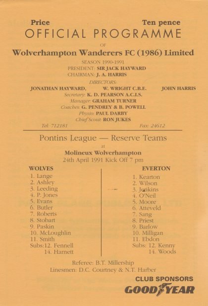 Wolverhampton Wanderers Reserves v Everton Reserves 24-Apr-1991