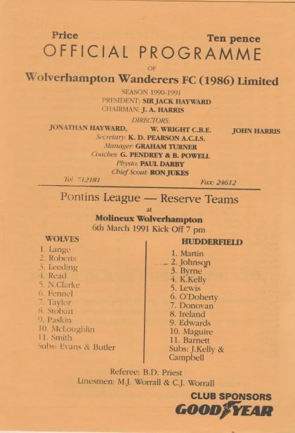 Wolverhampton Wanderers Reserves v Huddersfield Town Reserves 06-Mar-1991