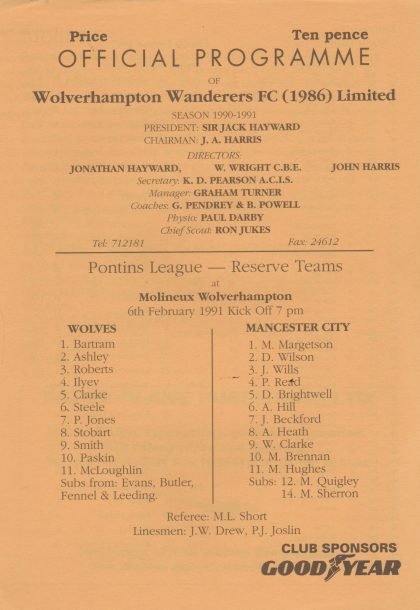 Wolverhampton Wanderers Reserves v Manchester City Reserves 06-Feb-1991