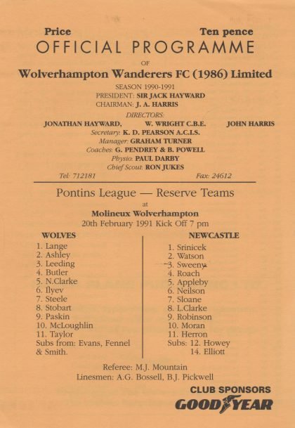 Wolverhampton Wanderers Reserves v Newcastle United Reserves 20-Feb-1991